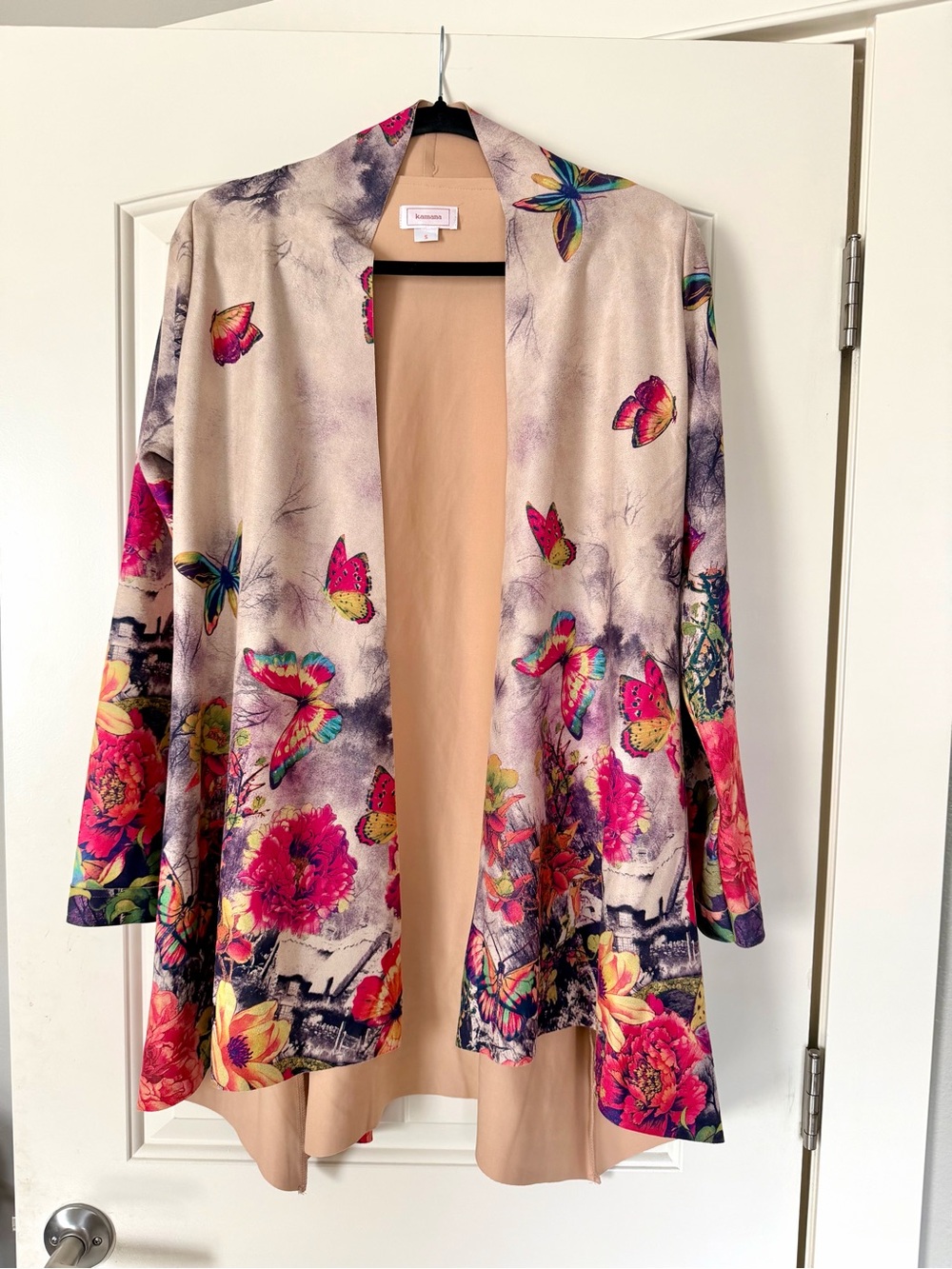 Floral Butterfly Open-Front Suede Jacket in Cream and Pink